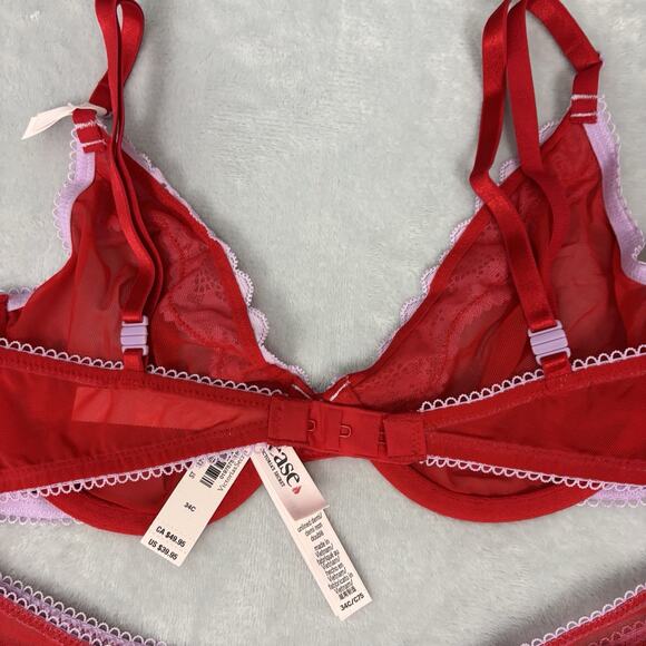 Victoria's Secret 34C Tease Unlined Bra Thong Panty Set Purple Mesh Red Lace - Picture 5 of 16